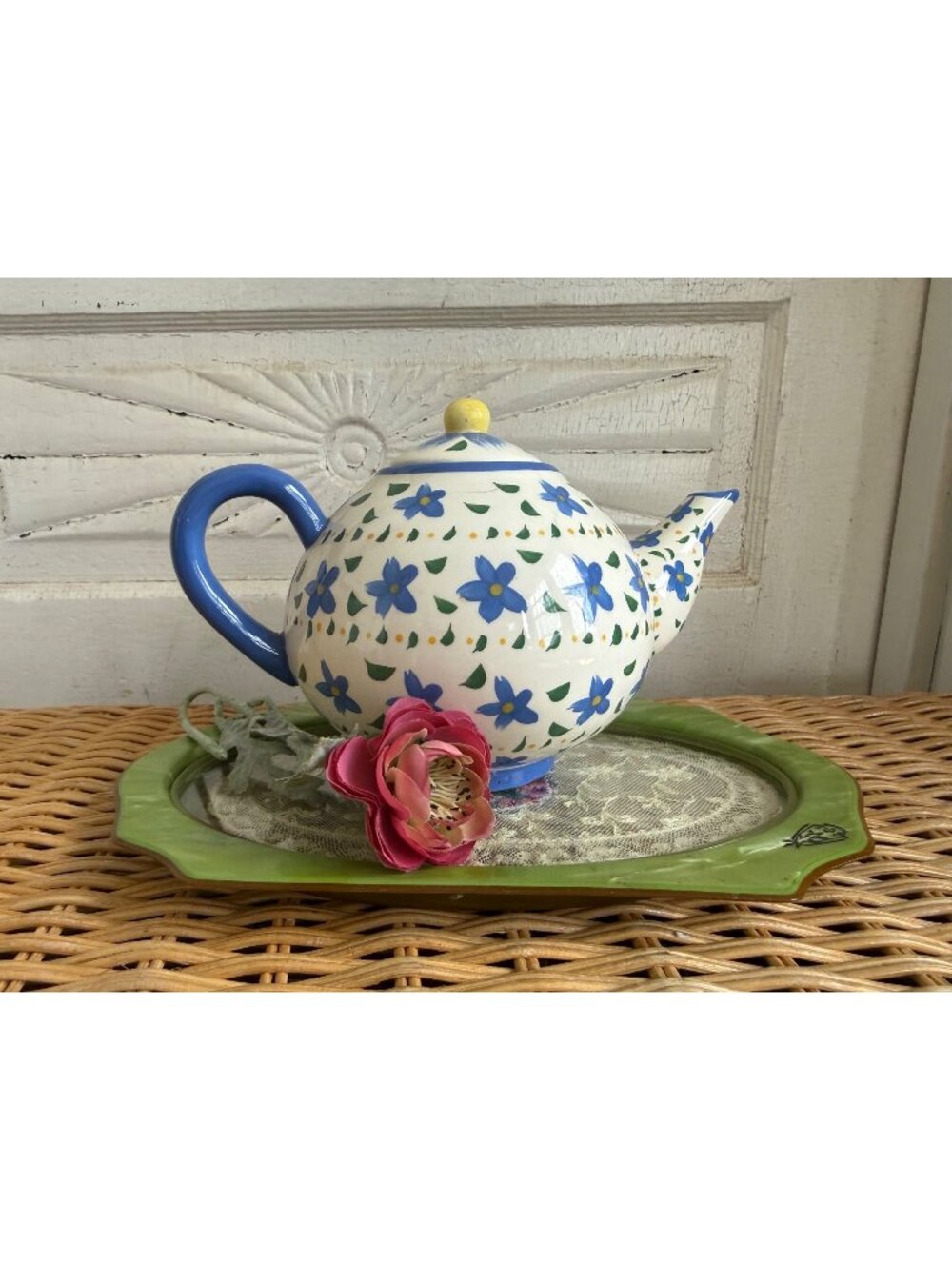 Vintage 90s Teapot Hand Painted Forget Me Not Blue Flowers Cottage Core